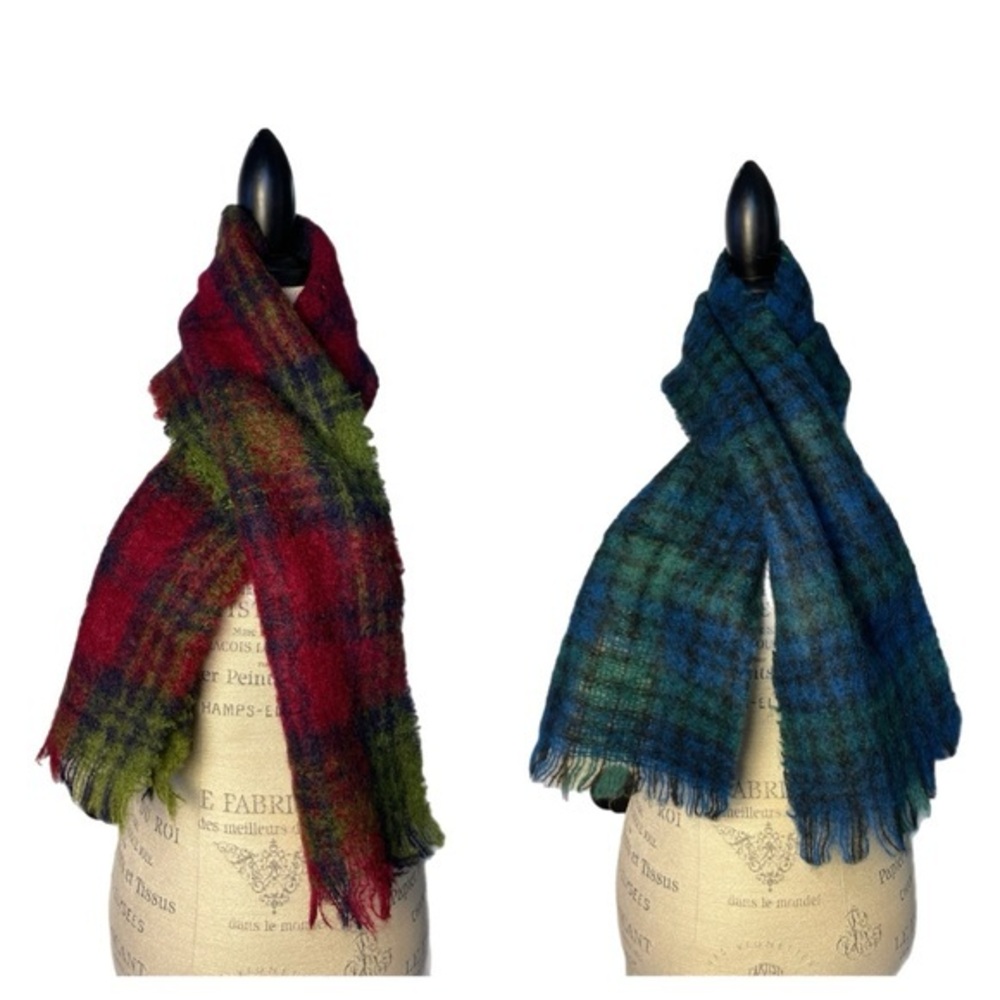 Pair of Vintage Heather Brae Made In Scotland Mohair/Wool Plaid Scarves